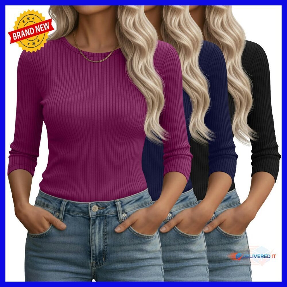 3 Pack 3/4 Sleeve Cotton Tees Slim Fit Ribbed Knit Tops Women
